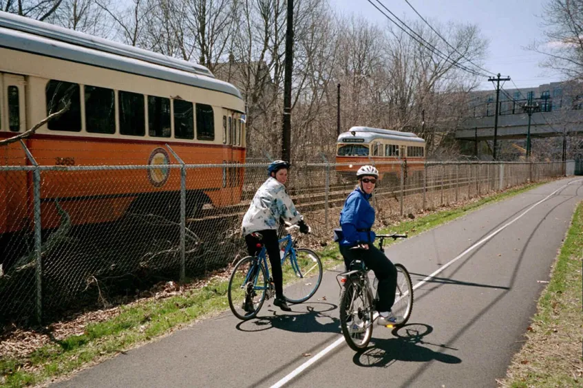 Neponset River Greenway with trolleys